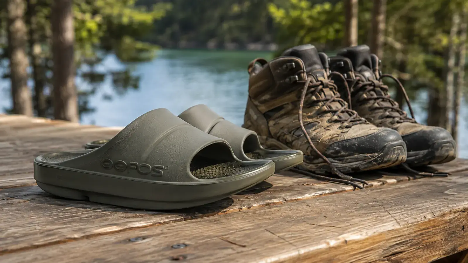 A hand setting down a pair of OOFOS recovery slides on a wooden picnic table next to a pair of muddy hiking boots