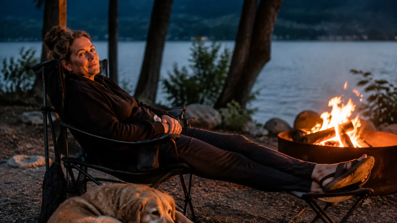 A woman in her fifties sitting by a campfire with her feet up, wearing recovery slides, a dog resting beside her