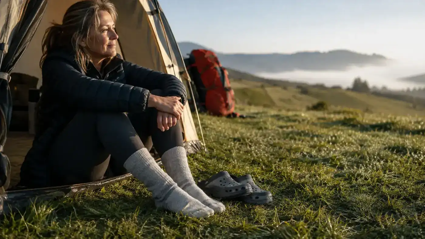 Recovery slides sitting by a tent entrance at sunrise with dew on the grass