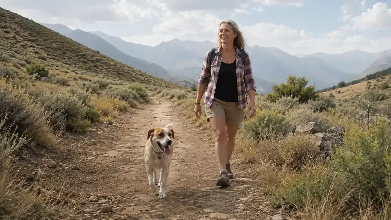 Woman and her dog walking up a trail together after a morning stretch routine