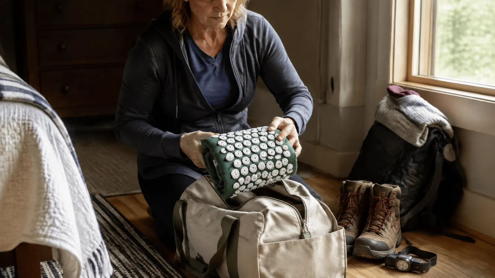 Woman folding a travel-size acupressure mat into a duffel bag before a camping trip