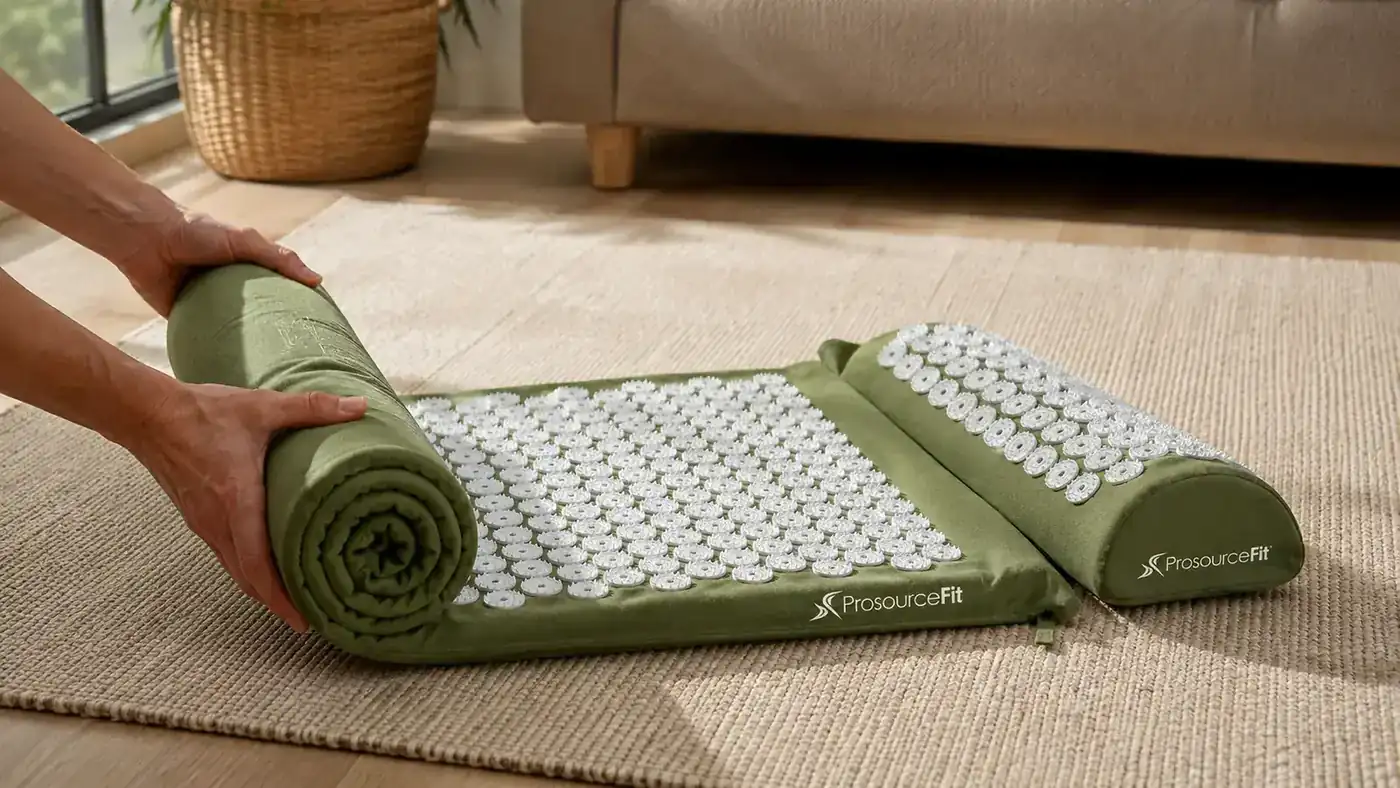 Close-up of a ProsourceFit acupressure mat and pillow being unrolled on a wood floor