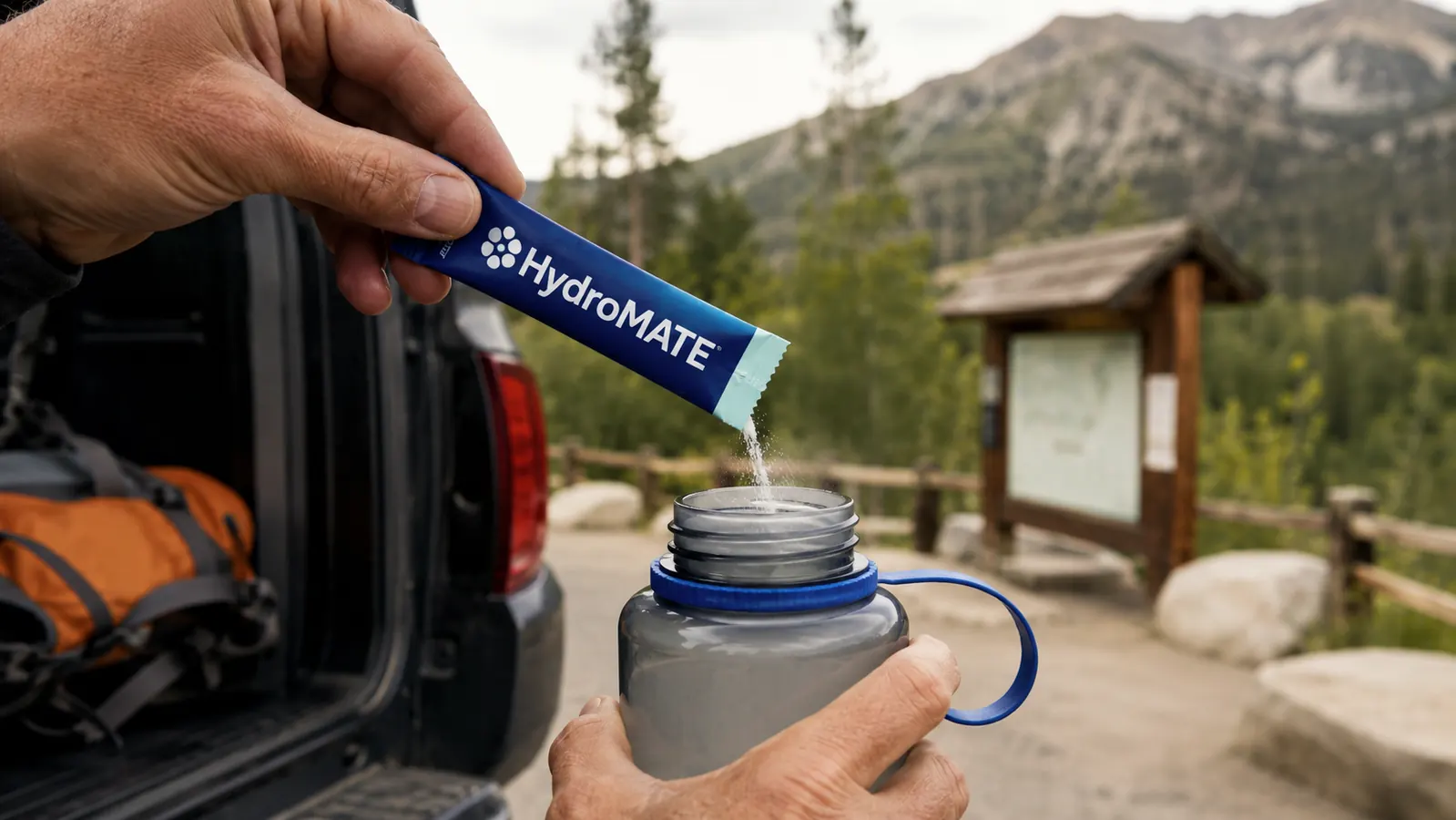 Hands tearing open a HydroMATE electrolyte packet and pouring it into a wide-mouth water bottle