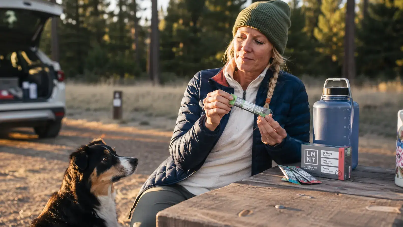Woman and her dog resting at a campsite picnic table with a stack of electrolyte packets and a water jug