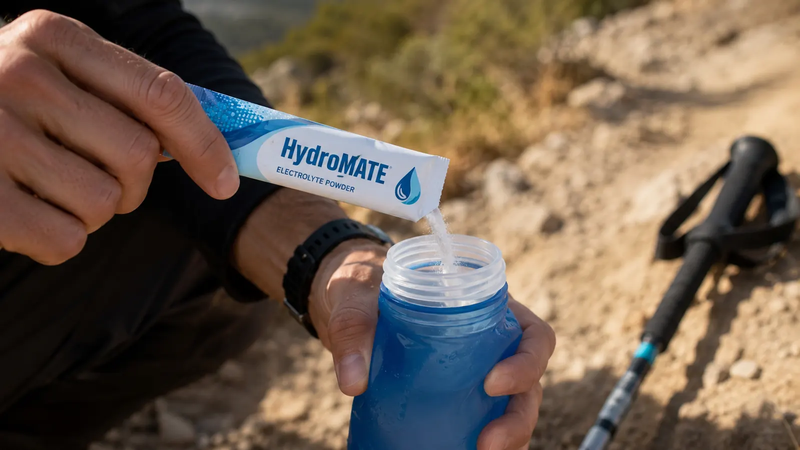 Hand tearing open a HydroMATE electrolyte packet and pouring it into a water bottle on a rocky trail