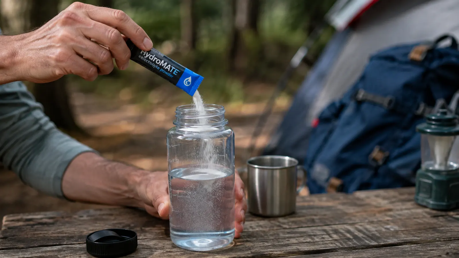 Hand pouring HydroMATE electrolyte powder from an open packet into a clear water bottle on a picnic table at a campsite