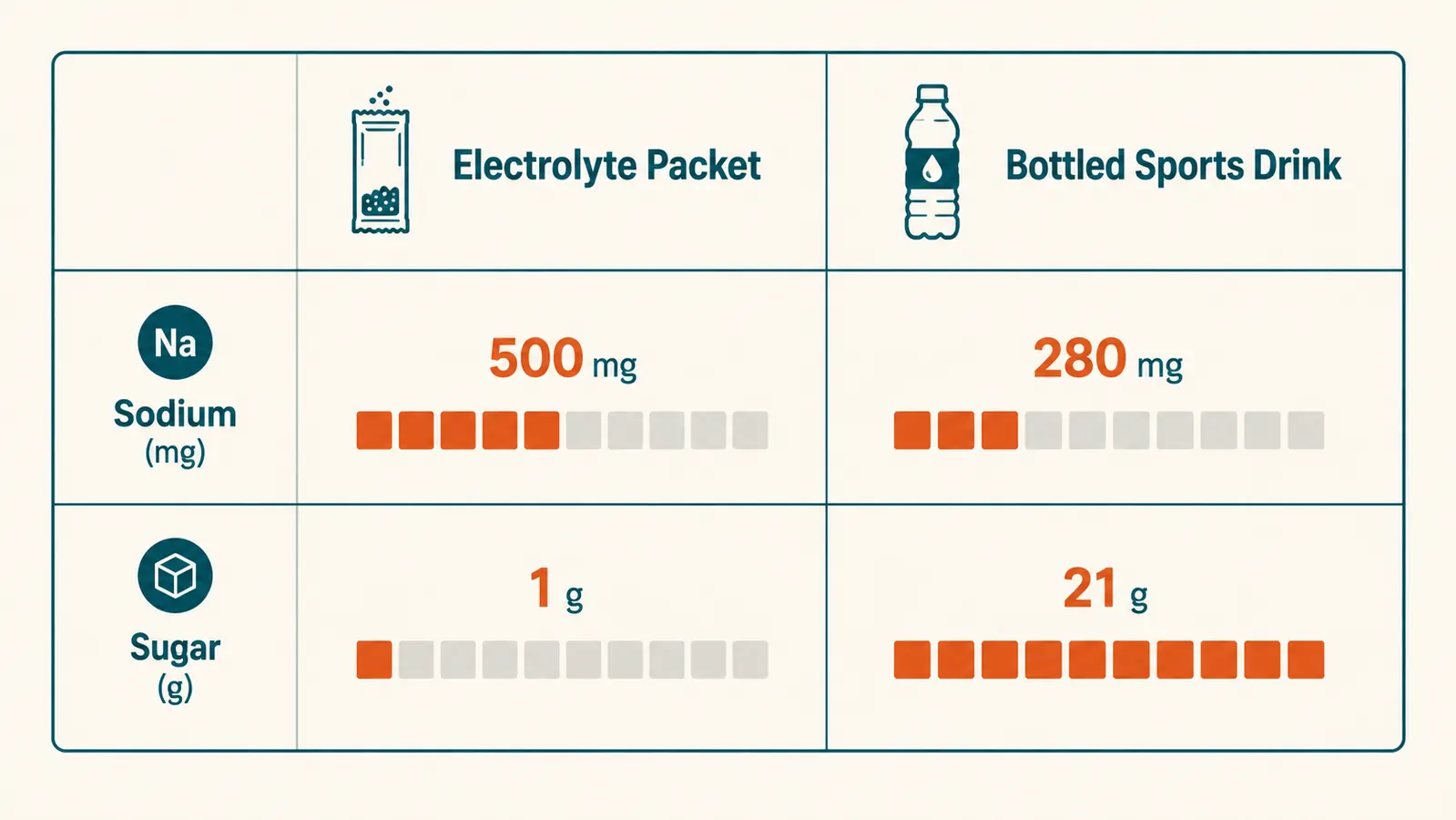 Chart comparing sodium and sugar content between an electrolyte packet and a 20 ounce bottled sports drink