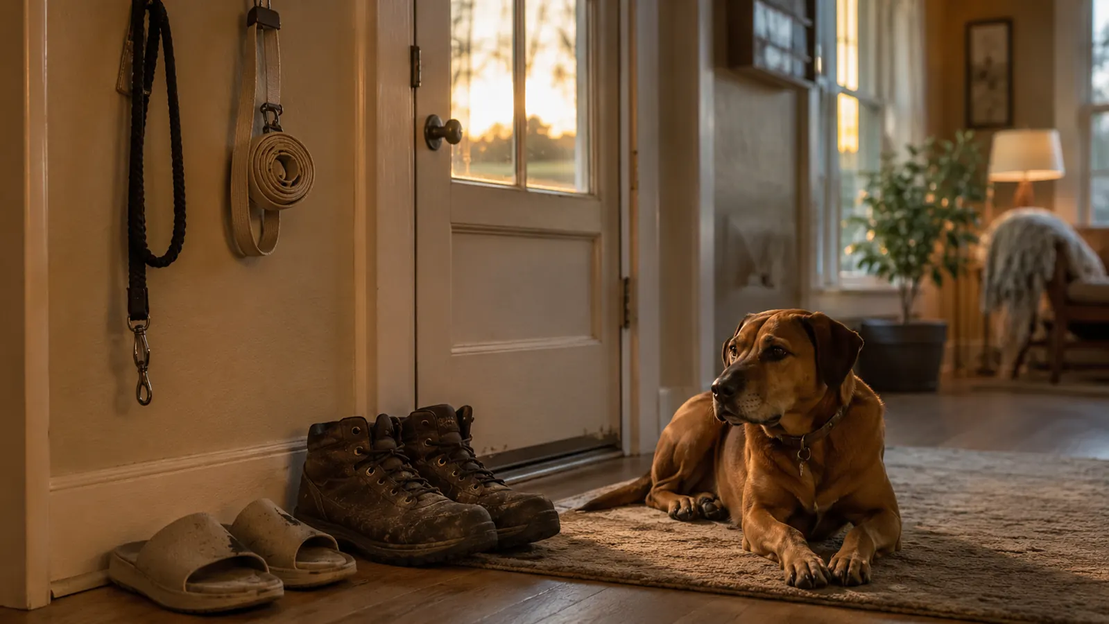 A woman in her fifties stretching on a sunlit porch at sunrise with a mid-size dog resting beside her