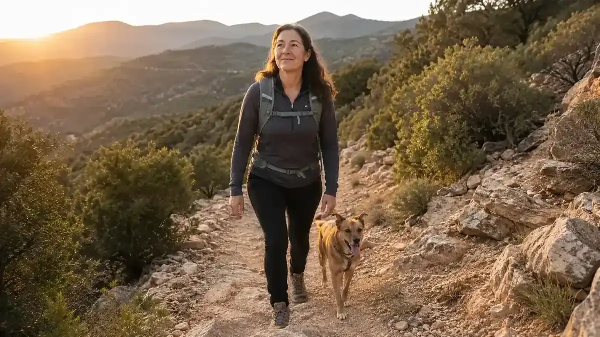 Woman and her dog walking up a dirt trail switchback in early morning light