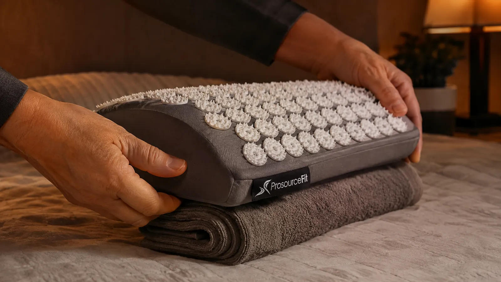 Close-up of hands positioning a spiky acupressure pillow under the base of the neck and upper shoulders