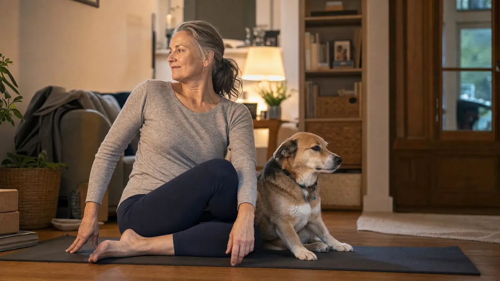 Woman sitting up on the floor after a session, rolling her shoulders back, dog sitting beside her