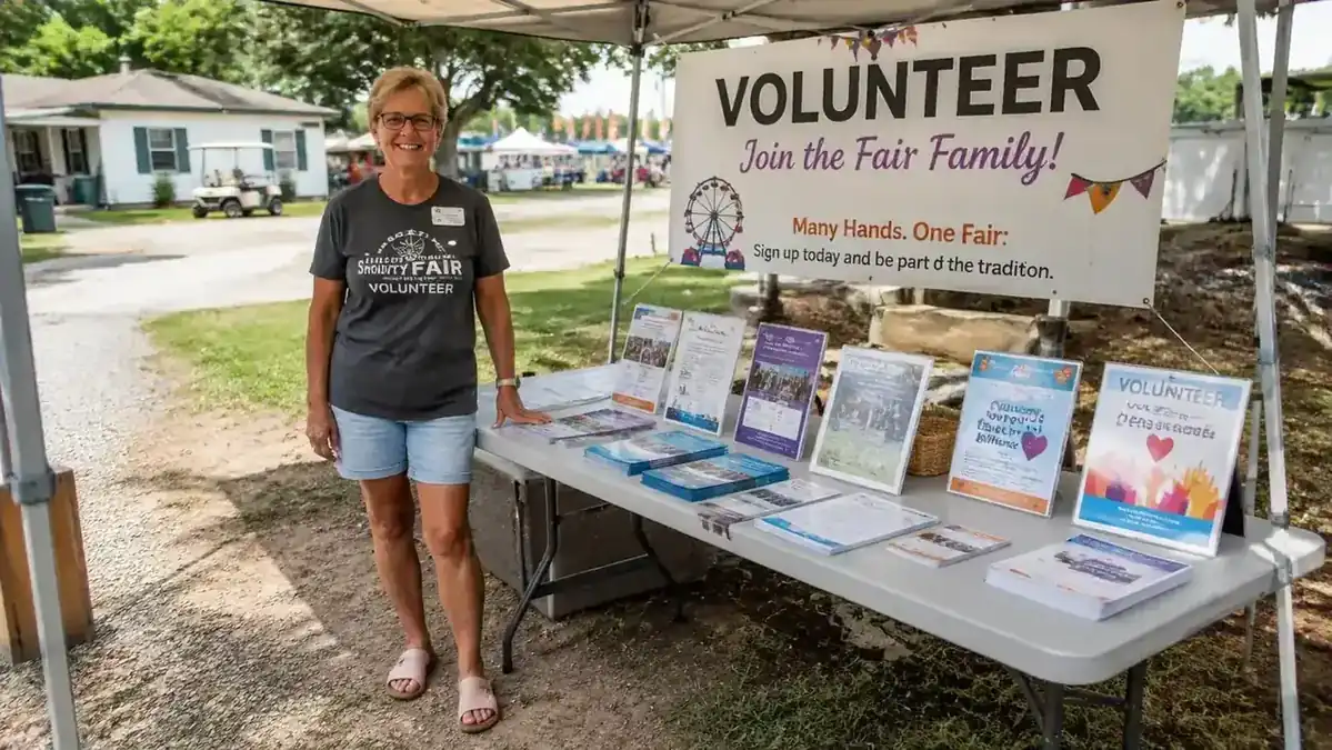 Woman standing at a small outdoor volunteer info booth wearing recovery slides on a casual afternoon