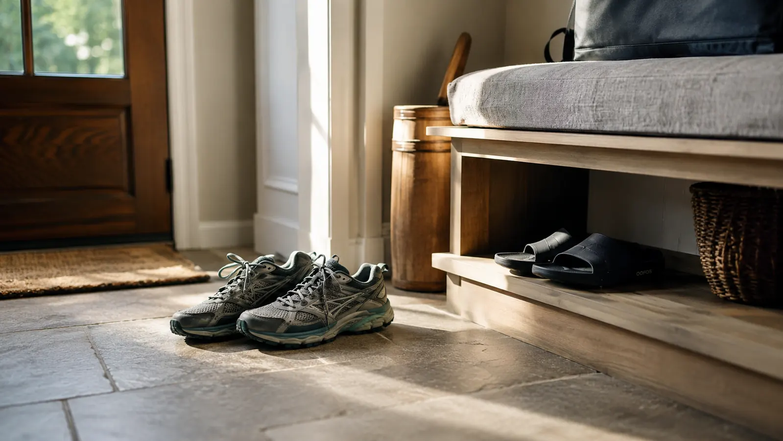 A pair of trail sneakers laced and ready by the door next to a pair of OOFOS slides tucked under a bench