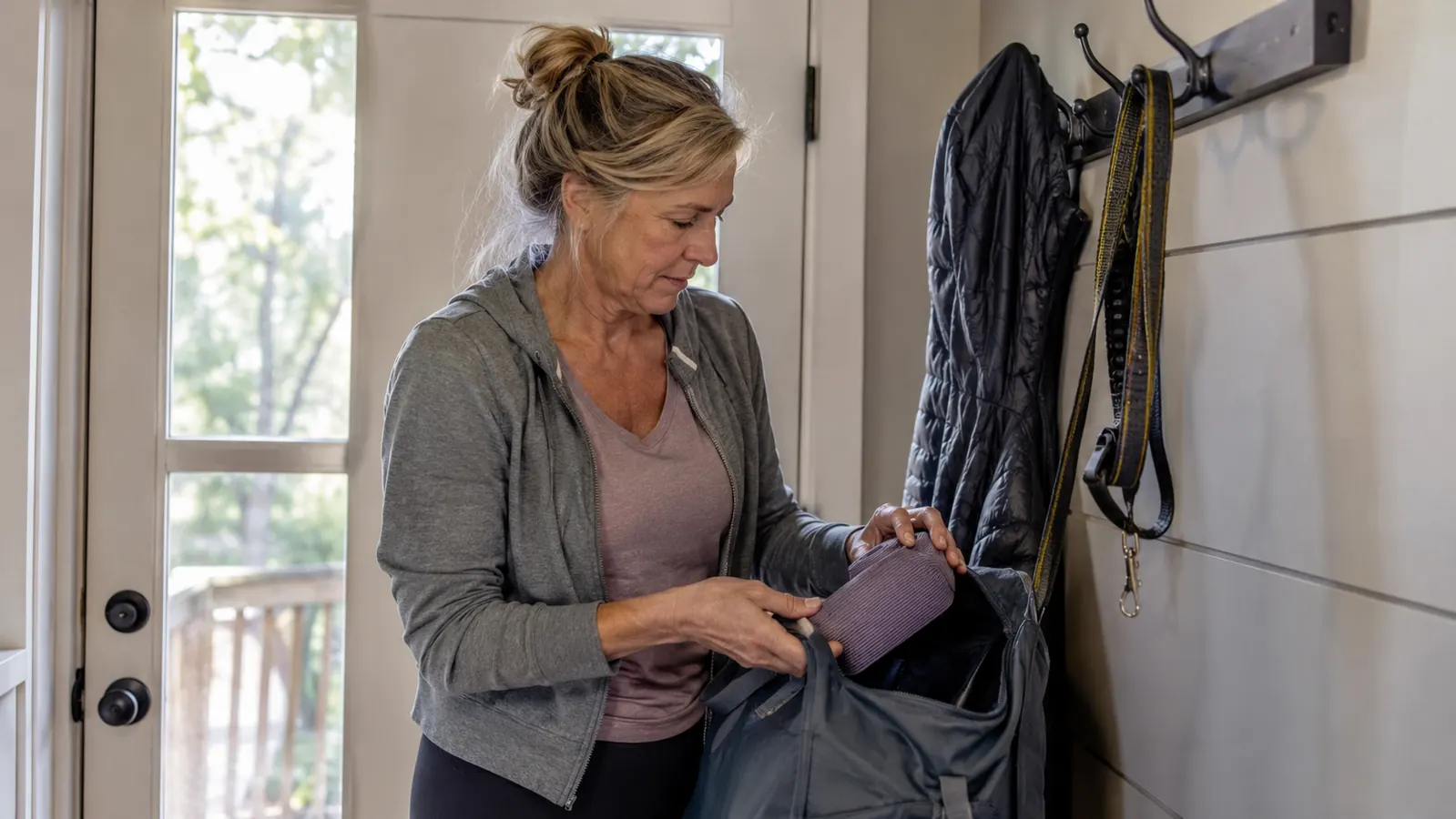 Woman packing a rolled stretch strap into a gym bag hanging by a back door before heading out
