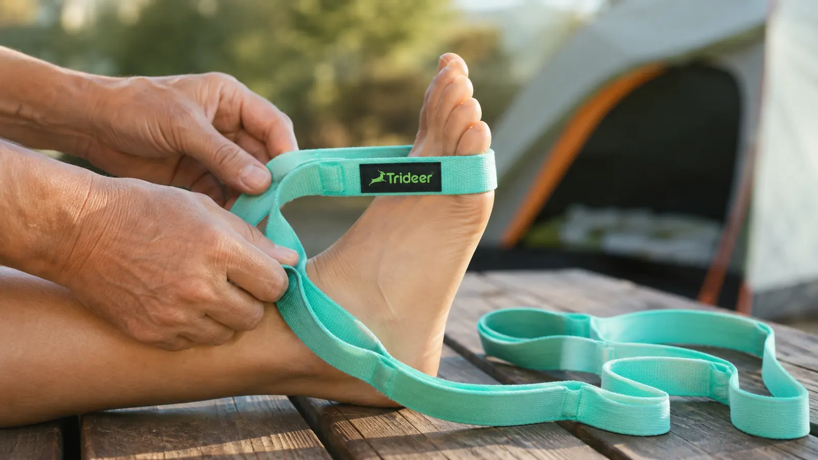 Close-up of hands looping a stretch strap around a bare foot on a wooden picnic table at a campsite
