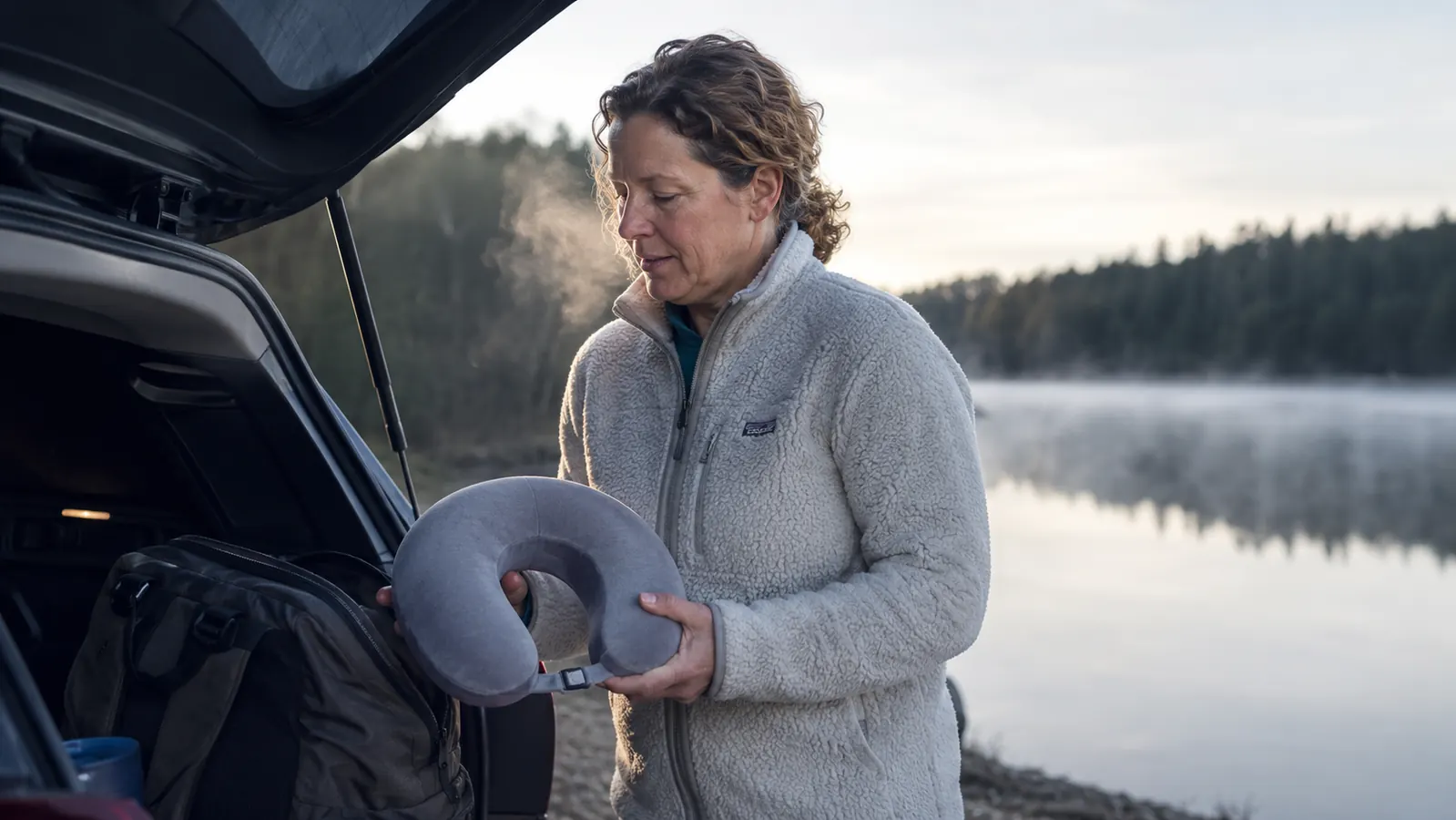 Woman pulling a travel neck pillow out of a car trunk on a cold morning with visible breath in the air near a lake campsite