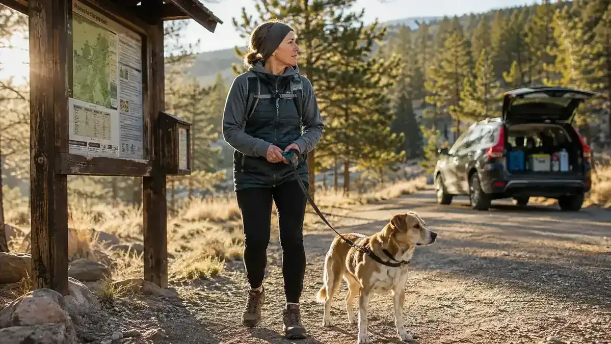 Woman and her dog starting a trailhead hike early in the morning with a packed car in the background