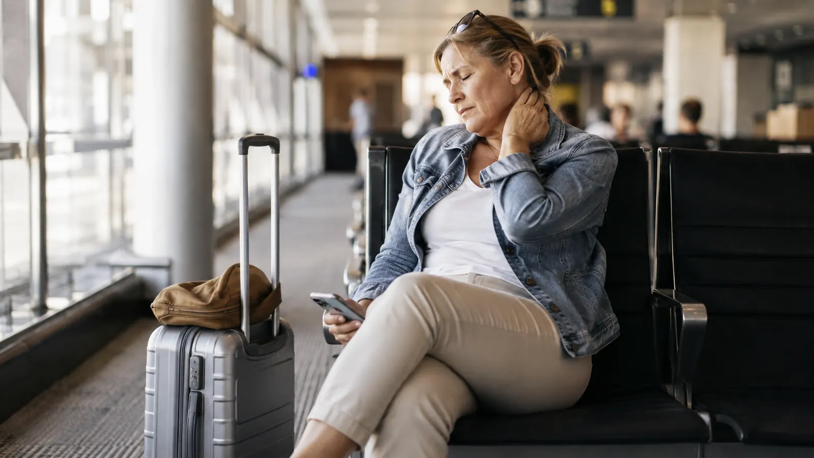 Woman rubbing the back of her neck in an airport terminal chair after landing