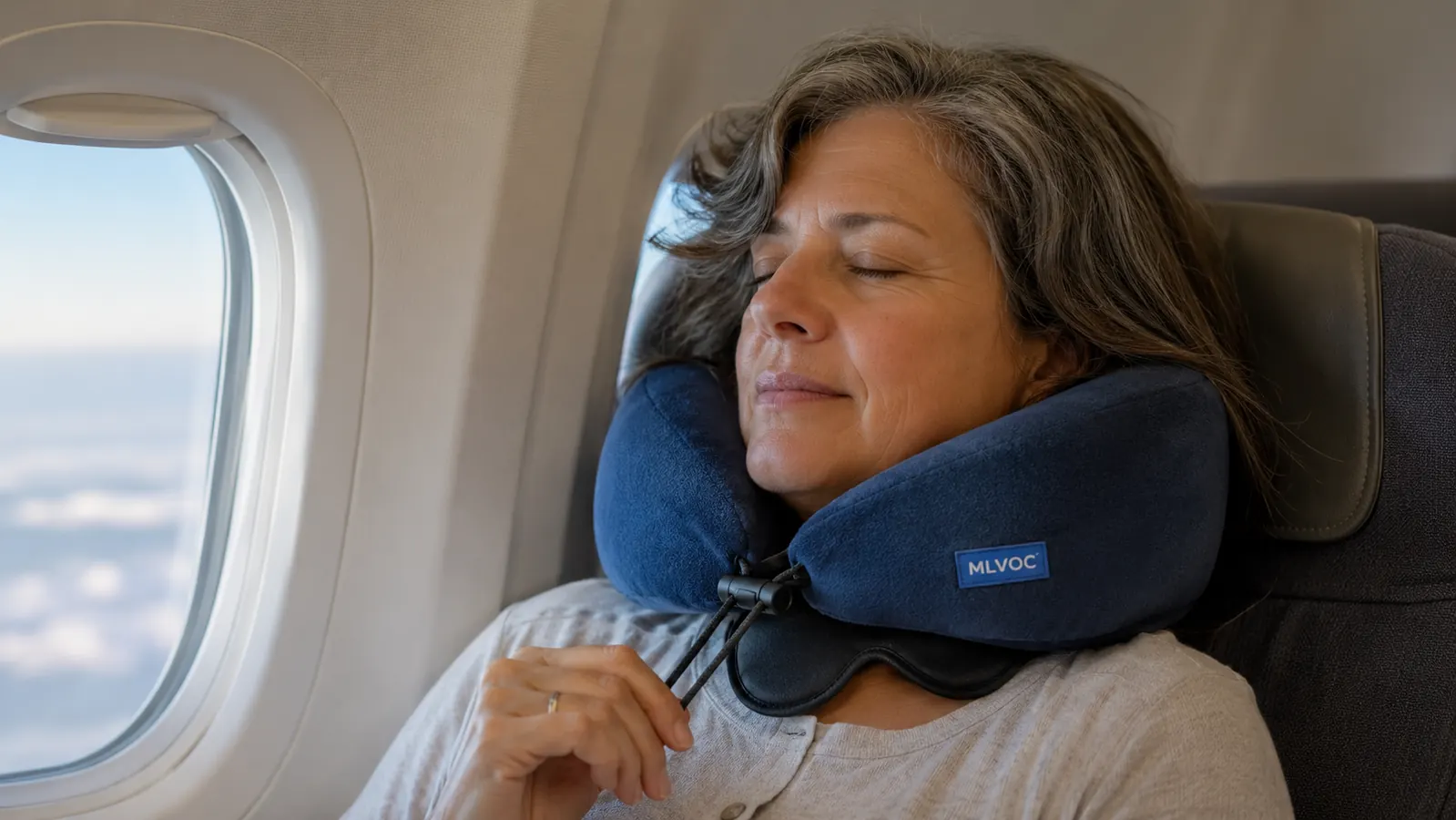 Woman wearing the MLVOC memory foam neck pillow with the eye mask pulled down around her neck, seated on a plane
